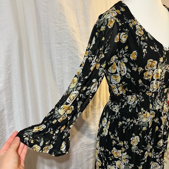 Ember Classy Feminine Spring Summer Black Floral Longsleeve A-line Dress - Picture 2 of 7